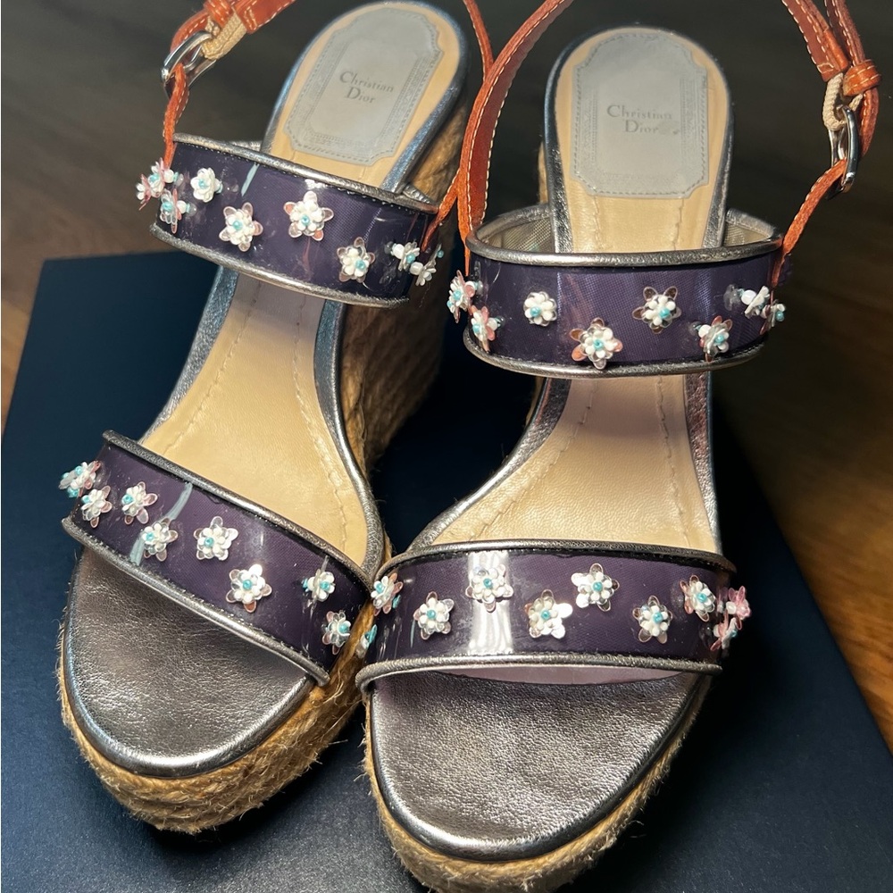 Dior Purple Floral Jeweled Espadrille Wedge Sandals